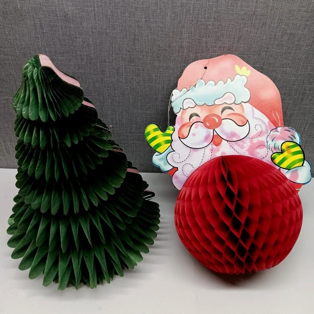 VTG Honeycomb Christmas Tree Santa Ball Decorations Set 60s/70s MCM Holiday Red‎